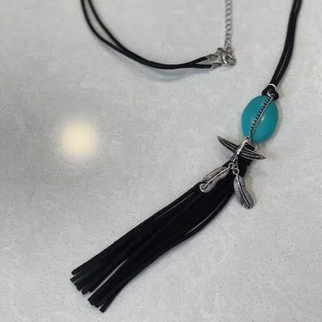 Necklace & Earring Set with Suede Tassel & Feather Charm