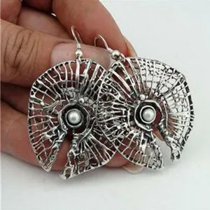 Net Pearl Earrings 925 Sterling Silver  Handmade Drop Dangle Hadar Designers  (H)