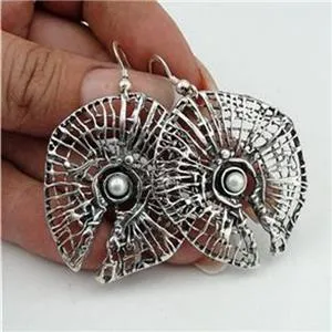 Net Pearl Earrings 925 Sterling Silver  Handmade Drop Dangle Hadar Designers  (H)