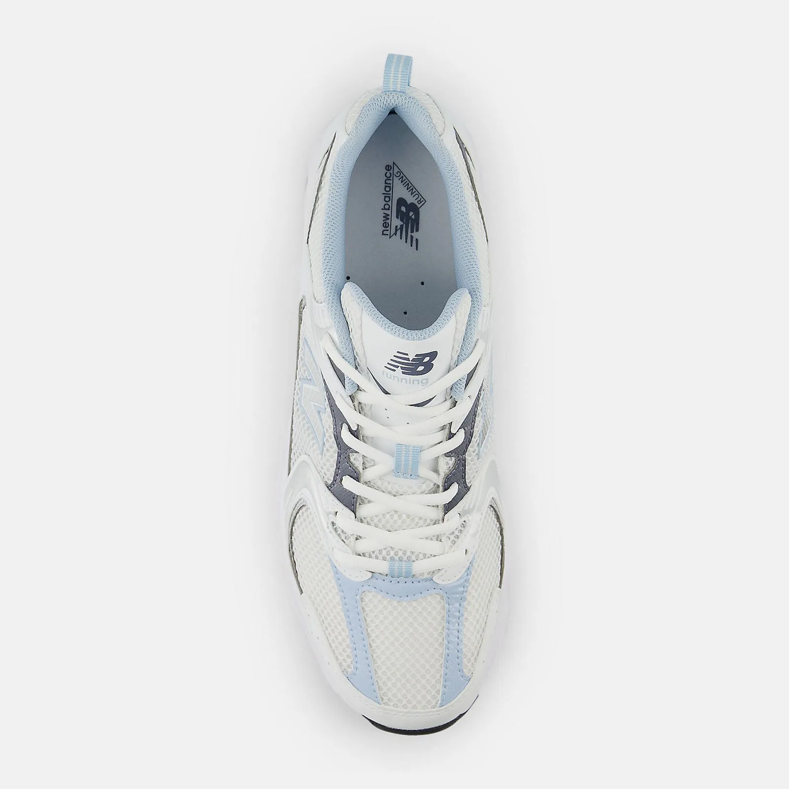 New Balance 530 White with dark arctic grey and light chrome blue