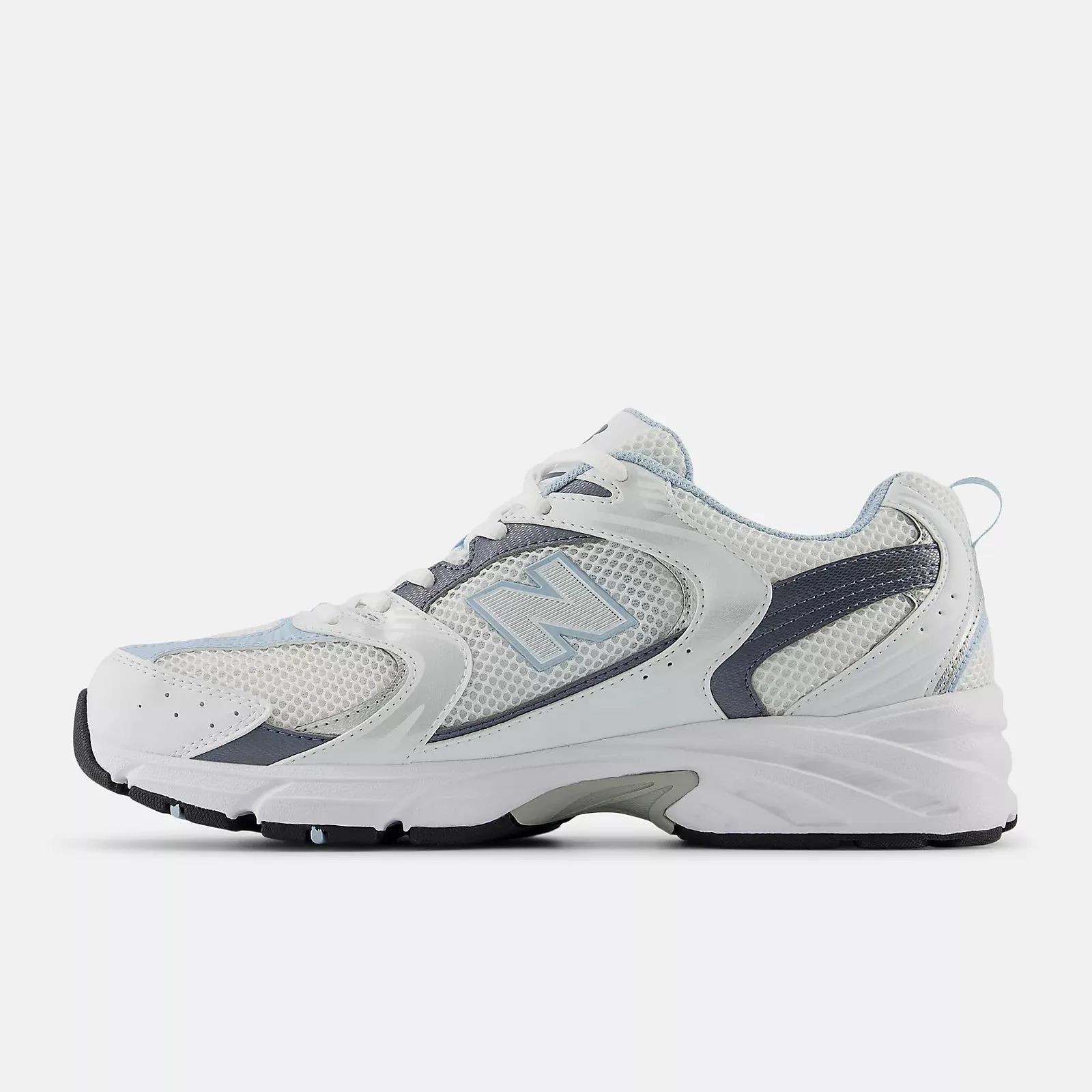 New Balance 530 White with dark arctic grey and light chrome blue