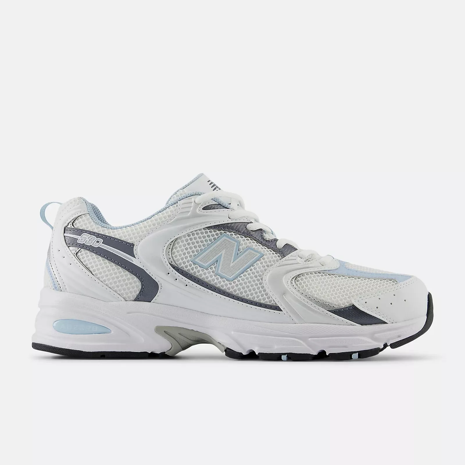New Balance 530 White with dark arctic grey and light chrome blue