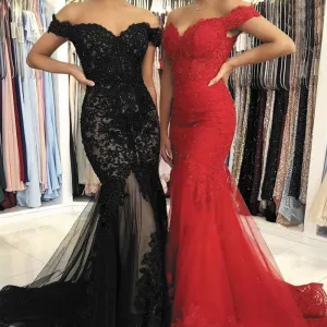 off the shoulder black evening dresses long lace beaded appliqué mermaid red formal evening gown