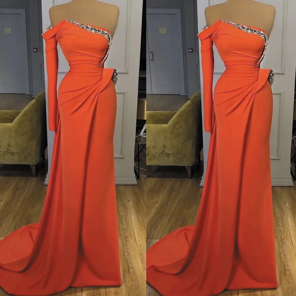 one shoulder mermaid evening dresses 2020 orange beaded elegant modest simple 2021 formal gown