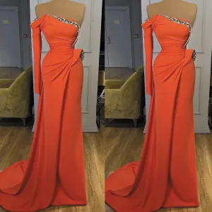 one shoulder mermaid evening dresses 2020 orange beaded elegant modest simple 2021 formal gown