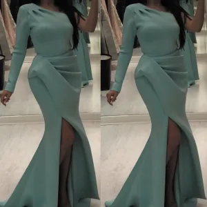 one shoulder mermaid evening dresses long sleeve light blue elegant simple modest evening gown 2021