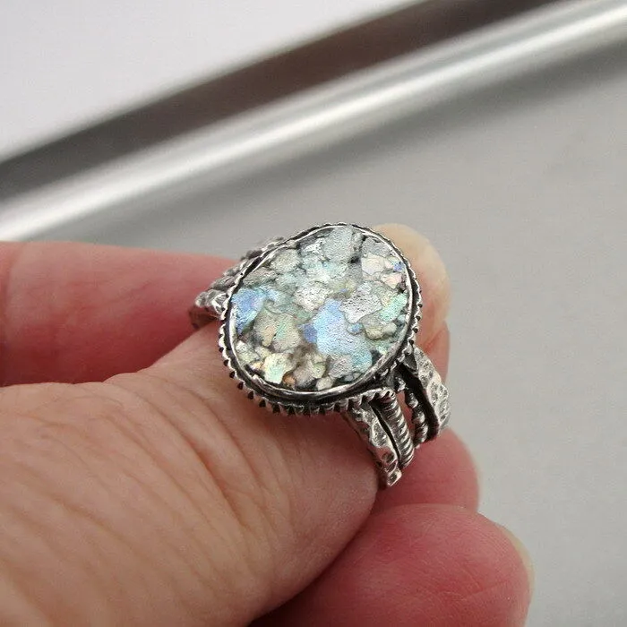 Oval Roman Glass Ring  925 Sterling Silver  6,7,8,9 Handmade Hadar Designers(as)