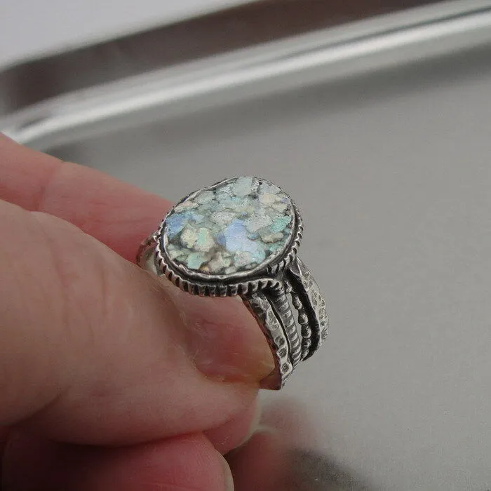 Oval Roman Glass Ring  925 Sterling Silver  6,7,8,9 Handmade Hadar Designers(as)
