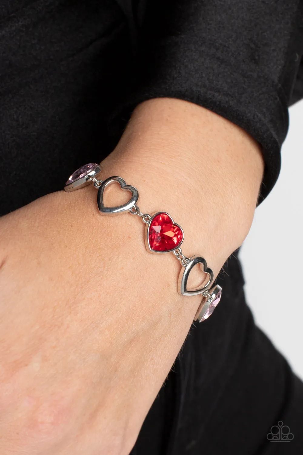 Paparazzi "Sentimental Sweethearts" Silver Metal & Red/Pink Rhinestone Hearts Bracelet