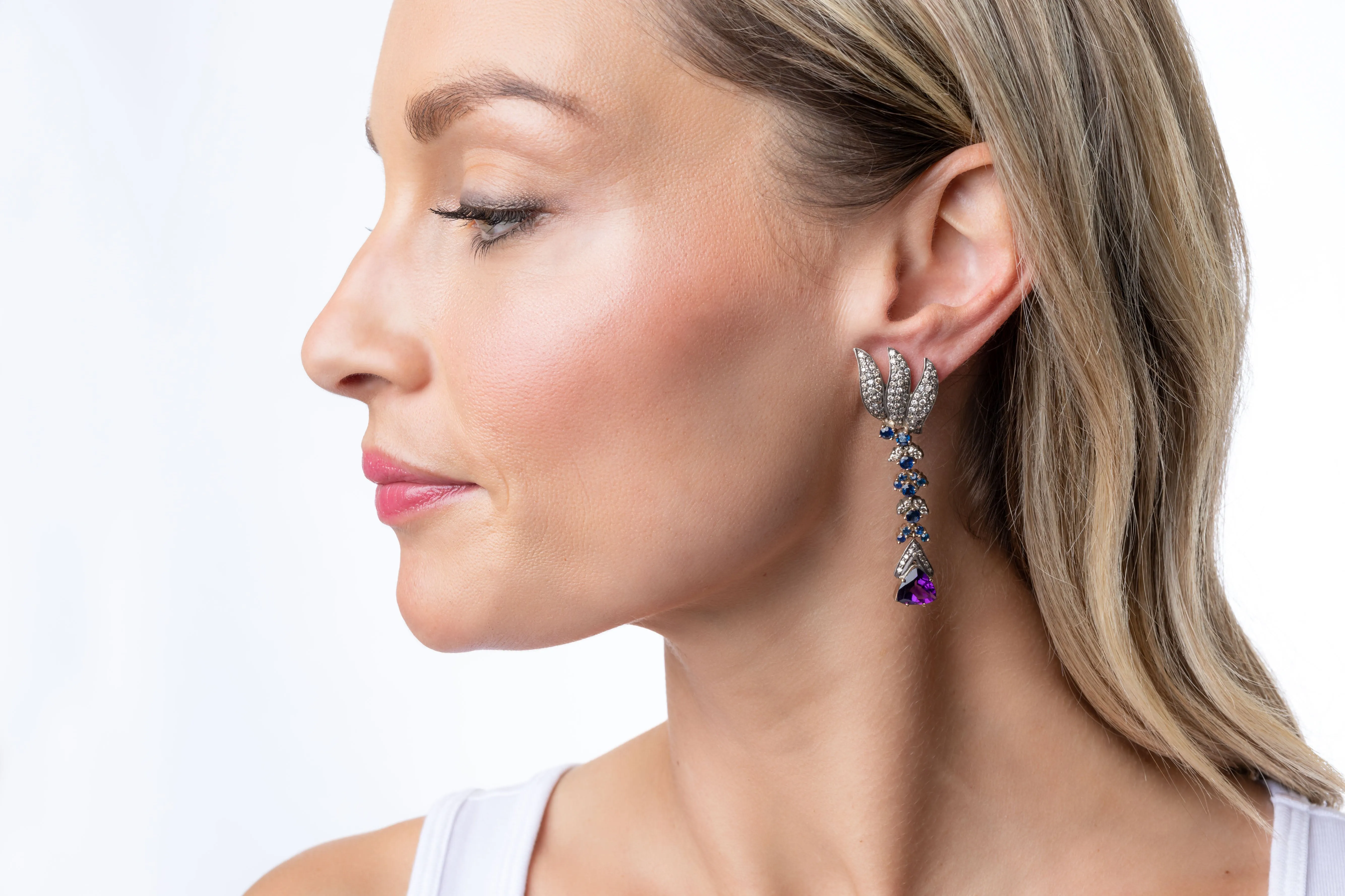 Pave Diamond, Amethyst, Sapphire Earrings