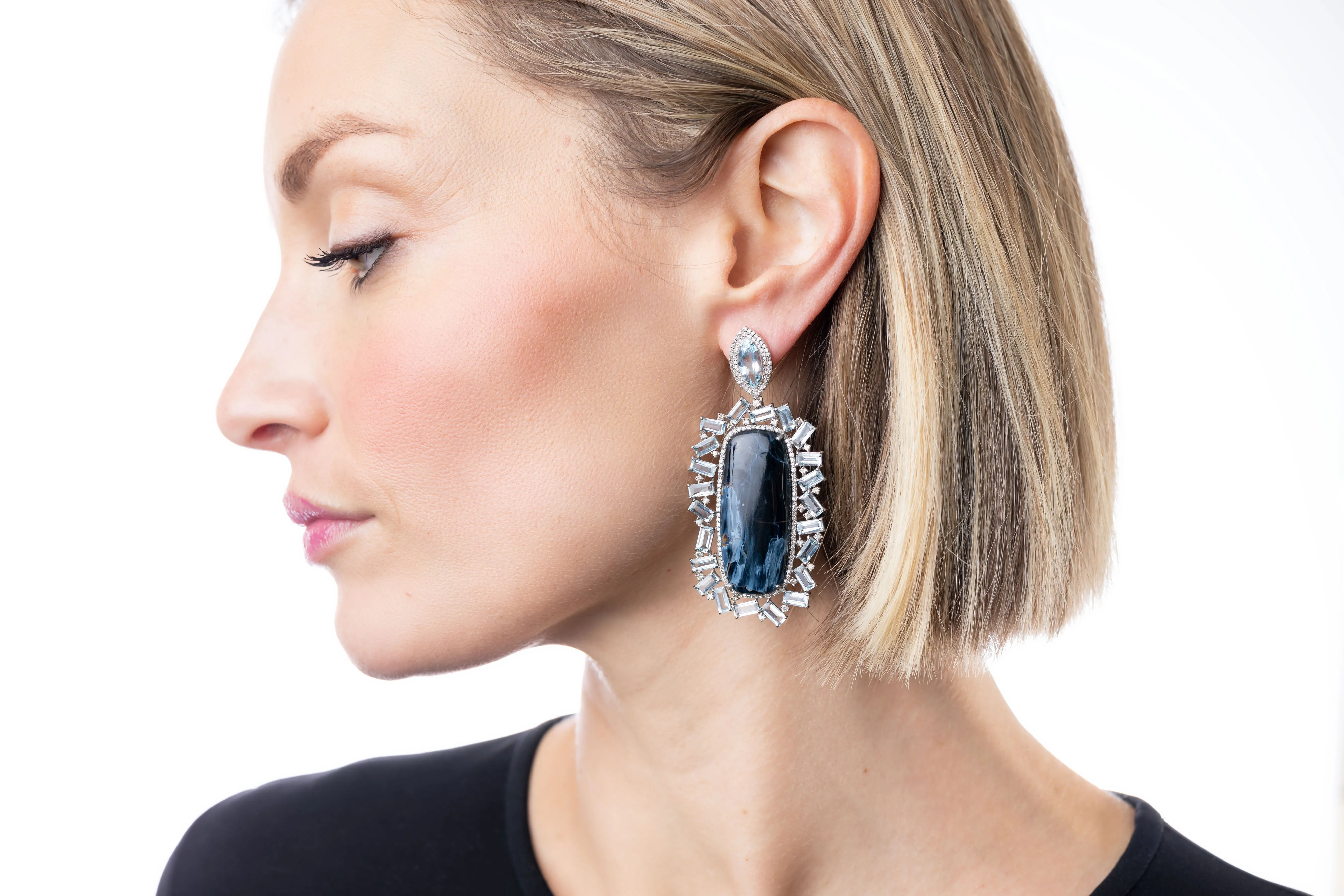 Pave Diamond, Aquamarine, Petersite Earrings