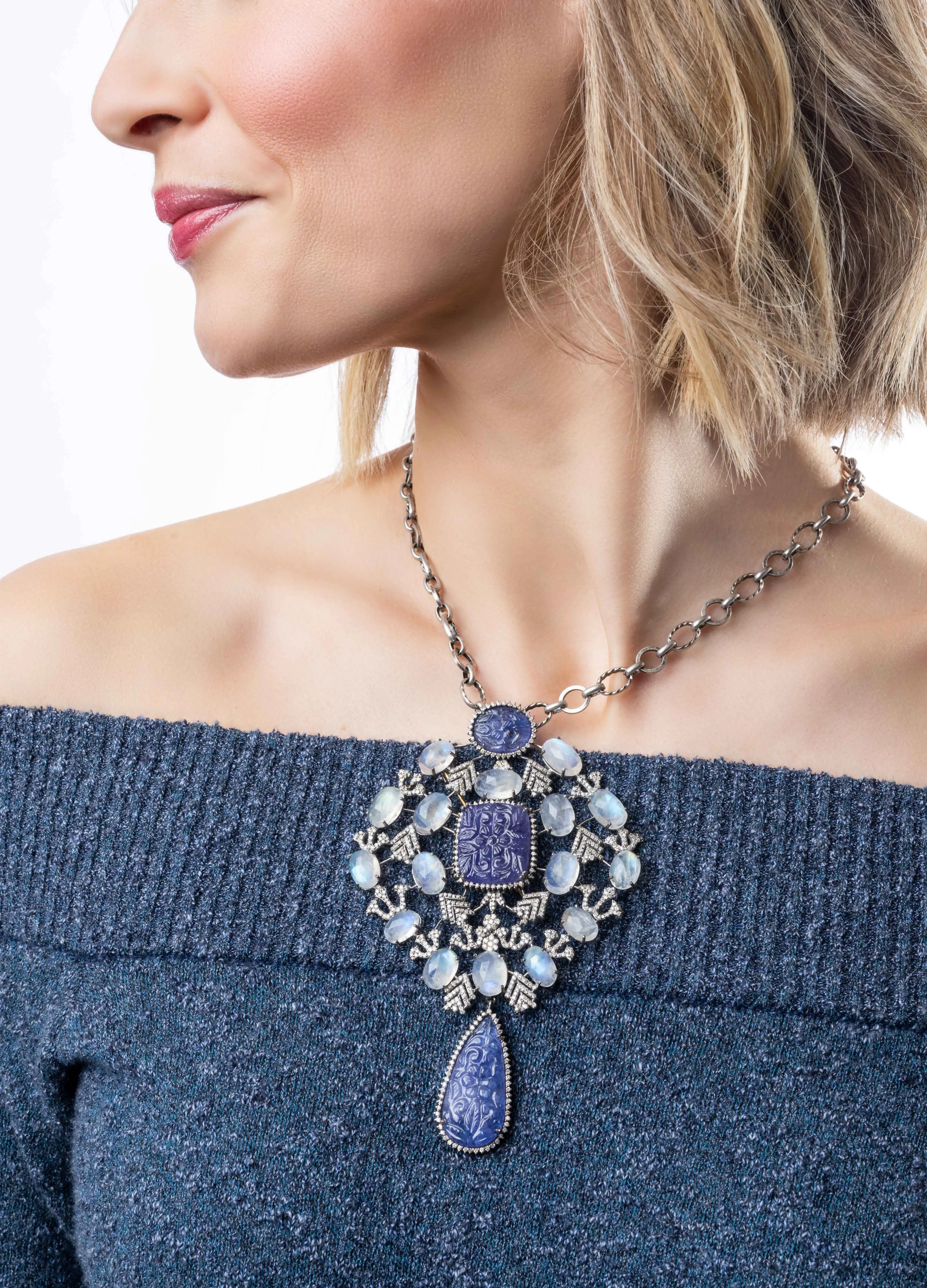 Pave Diamond, Moonstone, Tanzanite Necklace