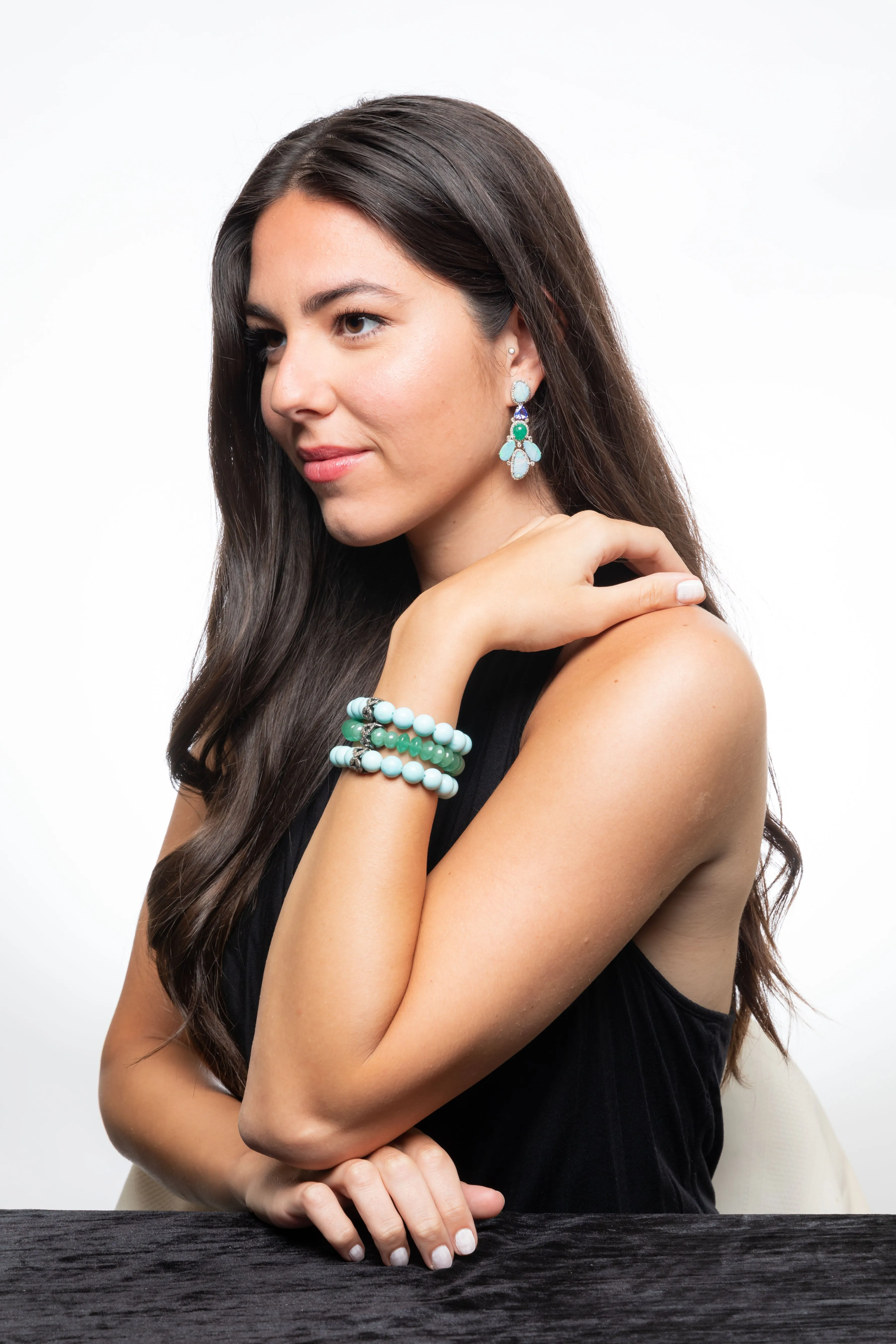 Pave Diamond, Opal, Emerald, Tanzanite Earrings