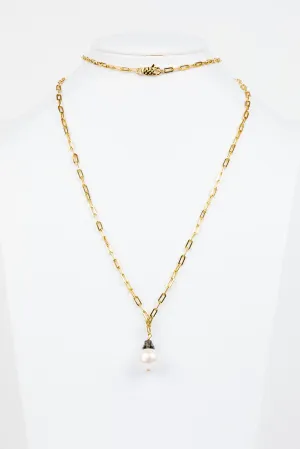 Pave Diamond , Pearl, Vermeil Chain Necklace