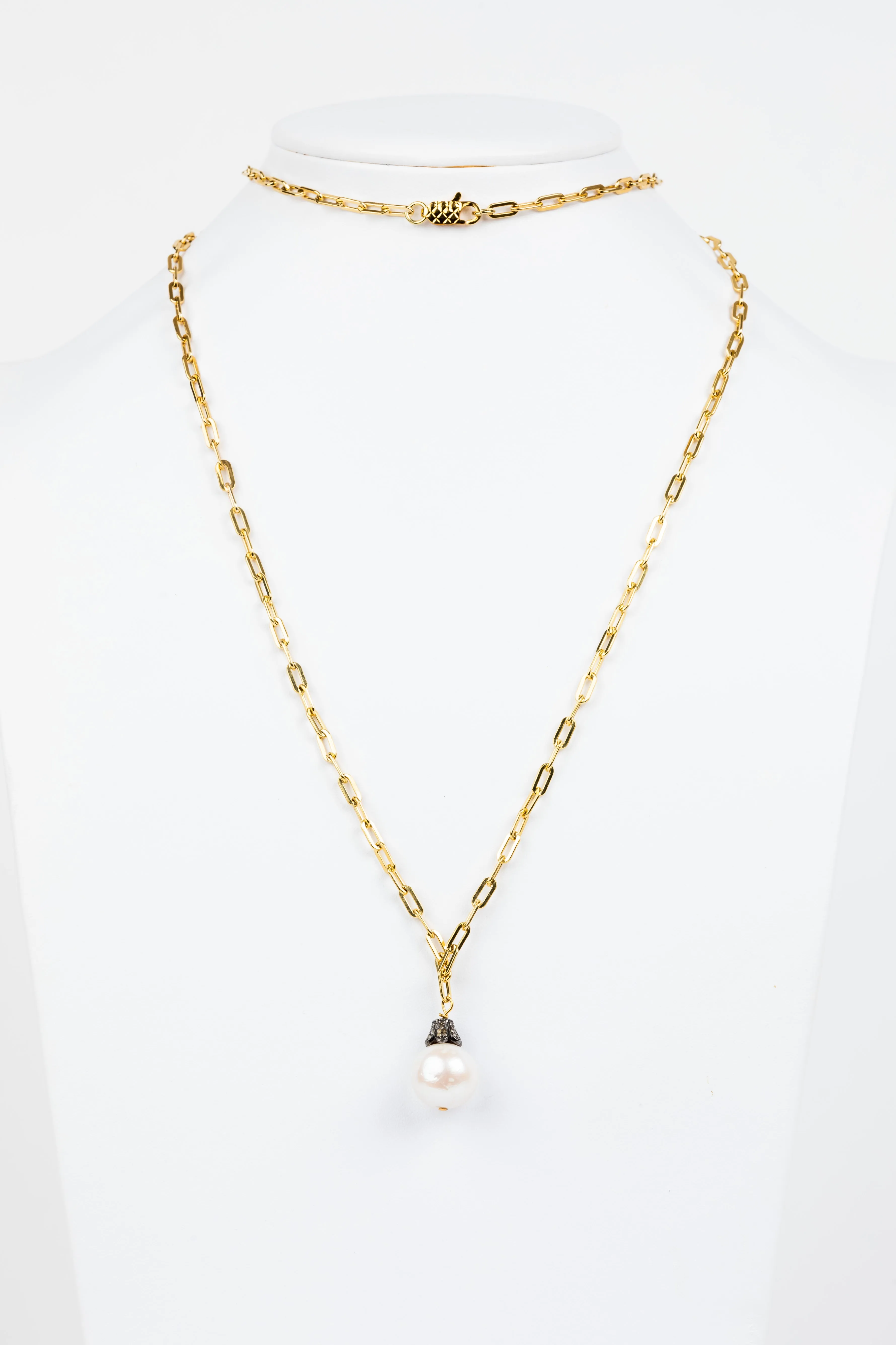 Pave Diamond , Pearl, Vermeil Chain Necklace