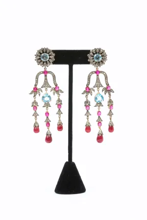 Pave Diamond, Ruby, Aquamarine Chandelier Earrings