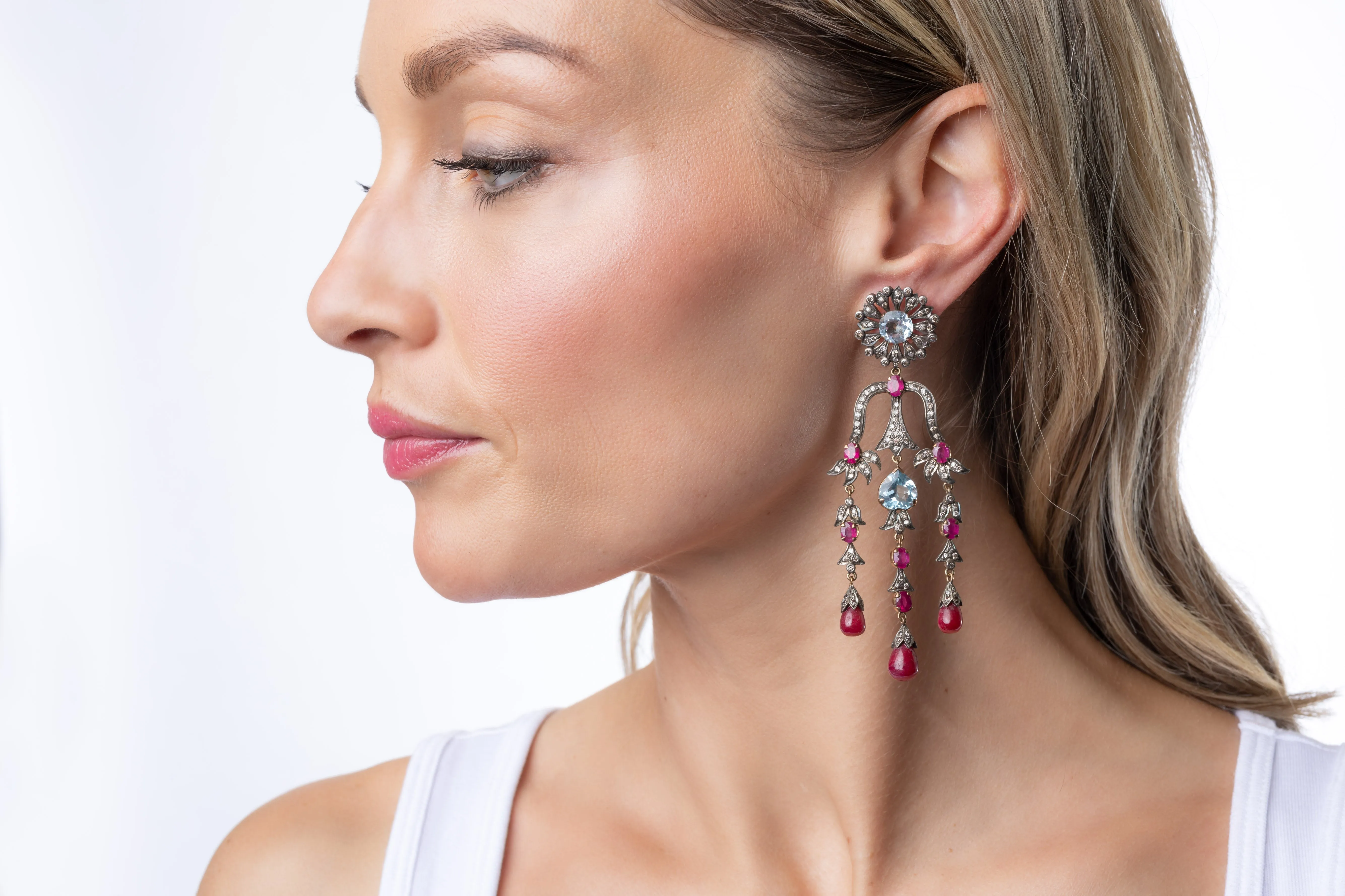 Pave Diamond, Ruby, Aquamarine Chandelier Earrings