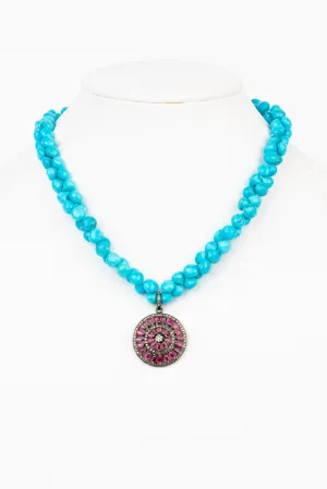 Pave Diamond, Ruby, Turquoise Necklace