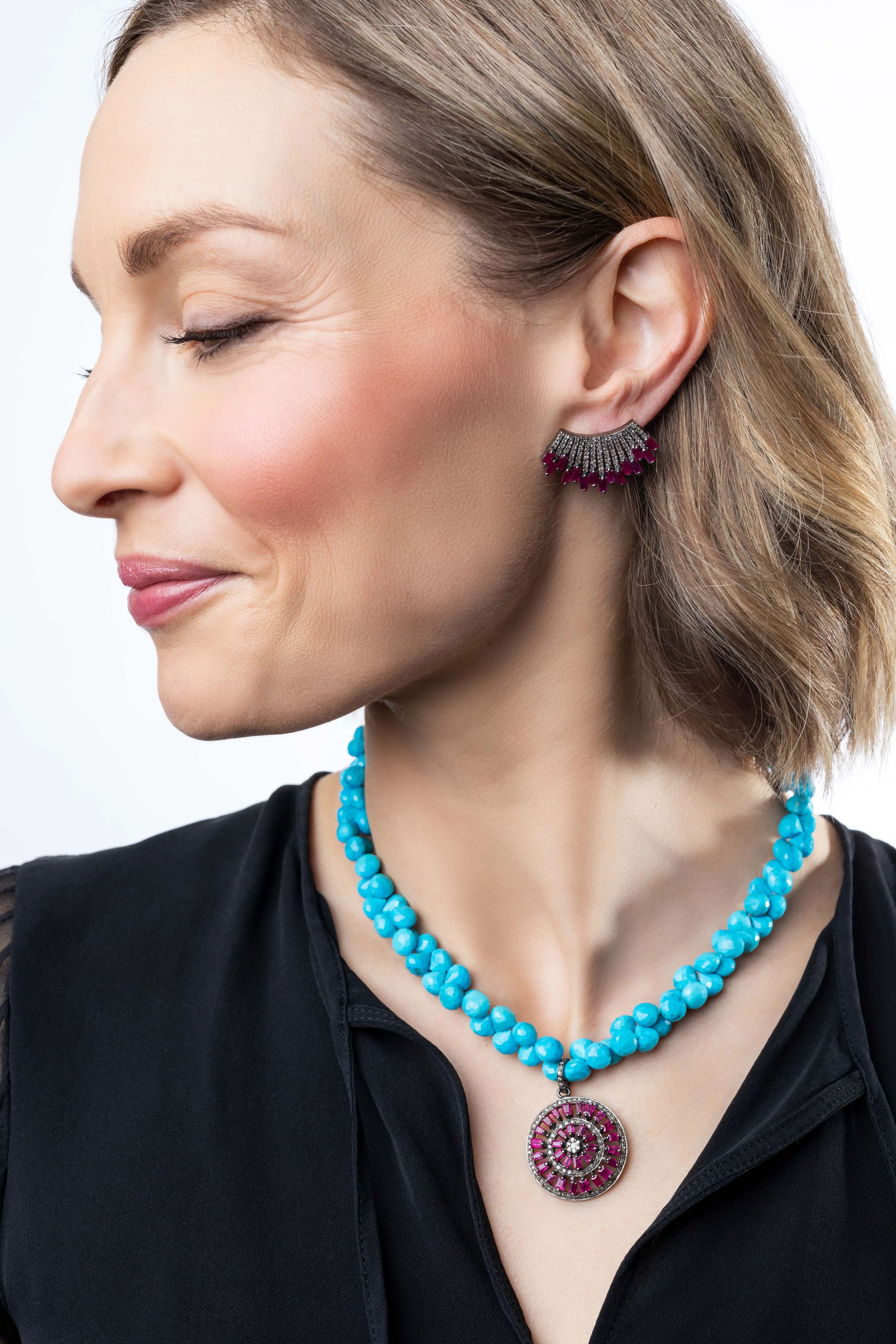 Pave Diamond, Ruby, Turquoise Necklace