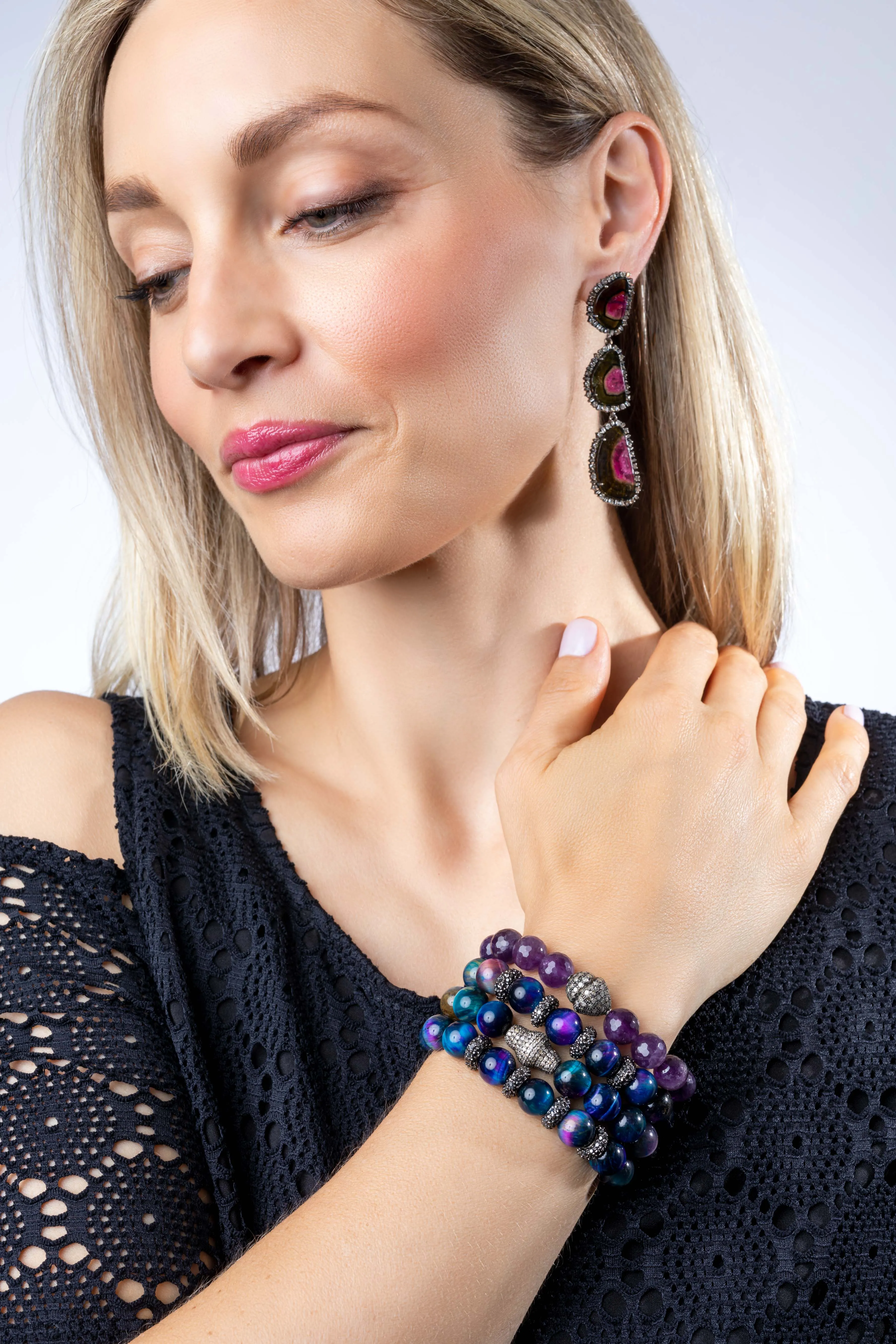 Pave Diamond, sliced Tourmaline Earrings