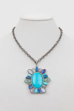 Pave diamond, turquoise, peridot, tsavorite ,  quartz pendant