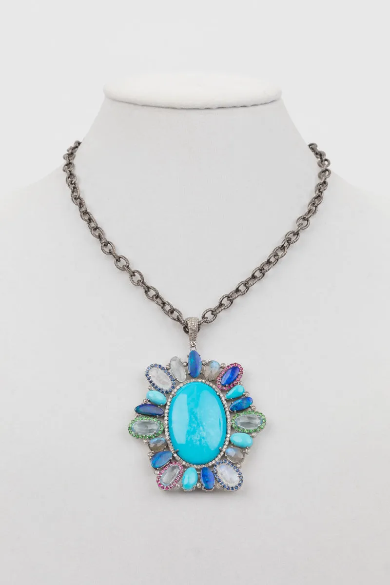 Pave diamond, turquoise, peridot, tsavorite ,  quartz pendant
