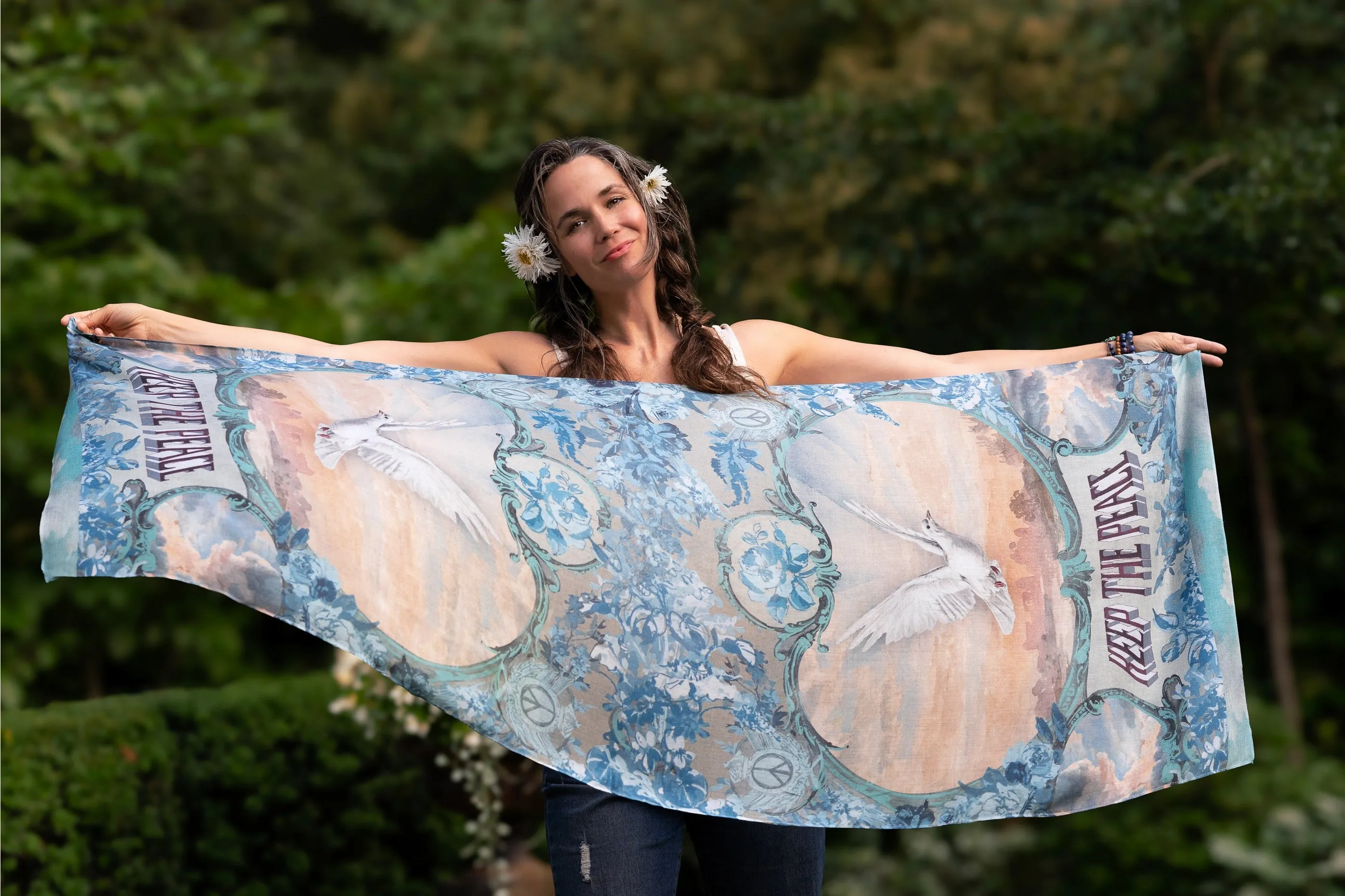 Peace Out Cropped Boho Bamboo Scarf with Doves and Sunrise - Preorder - Ships in April