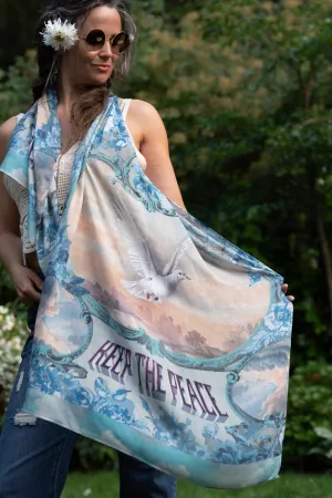 Peace Out Cropped Boho Bamboo Scarf with Doves and Sunrise - Preorder - Ships in April