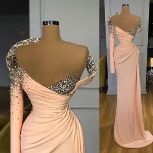 peach evening dresses long beaded sparkly unique modest mermaid sexy formal evening gown