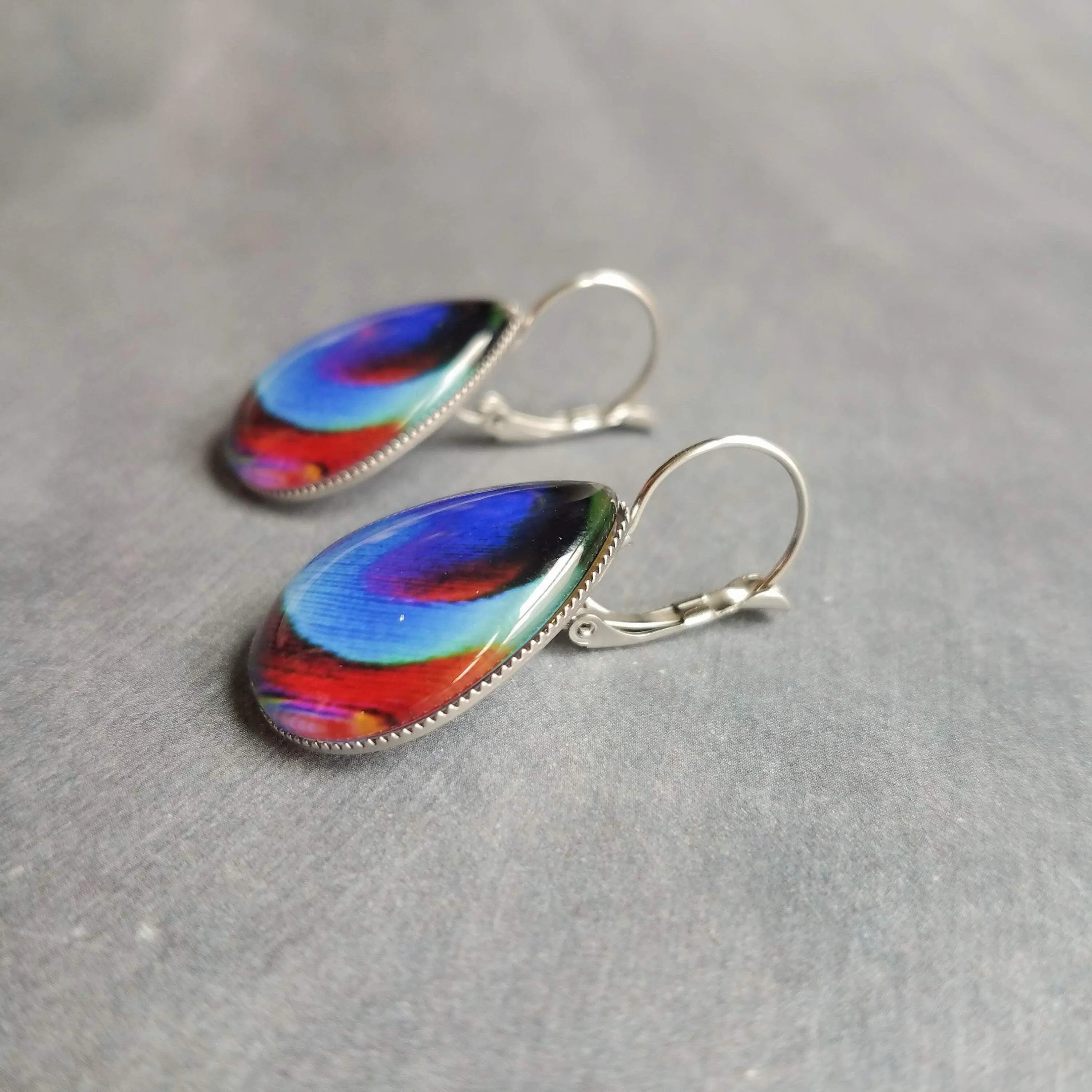 Peacock Earrings, feather earrings, stainless steel earring, bright color feather lever back earring hypoallergenic silver tear drop earring
