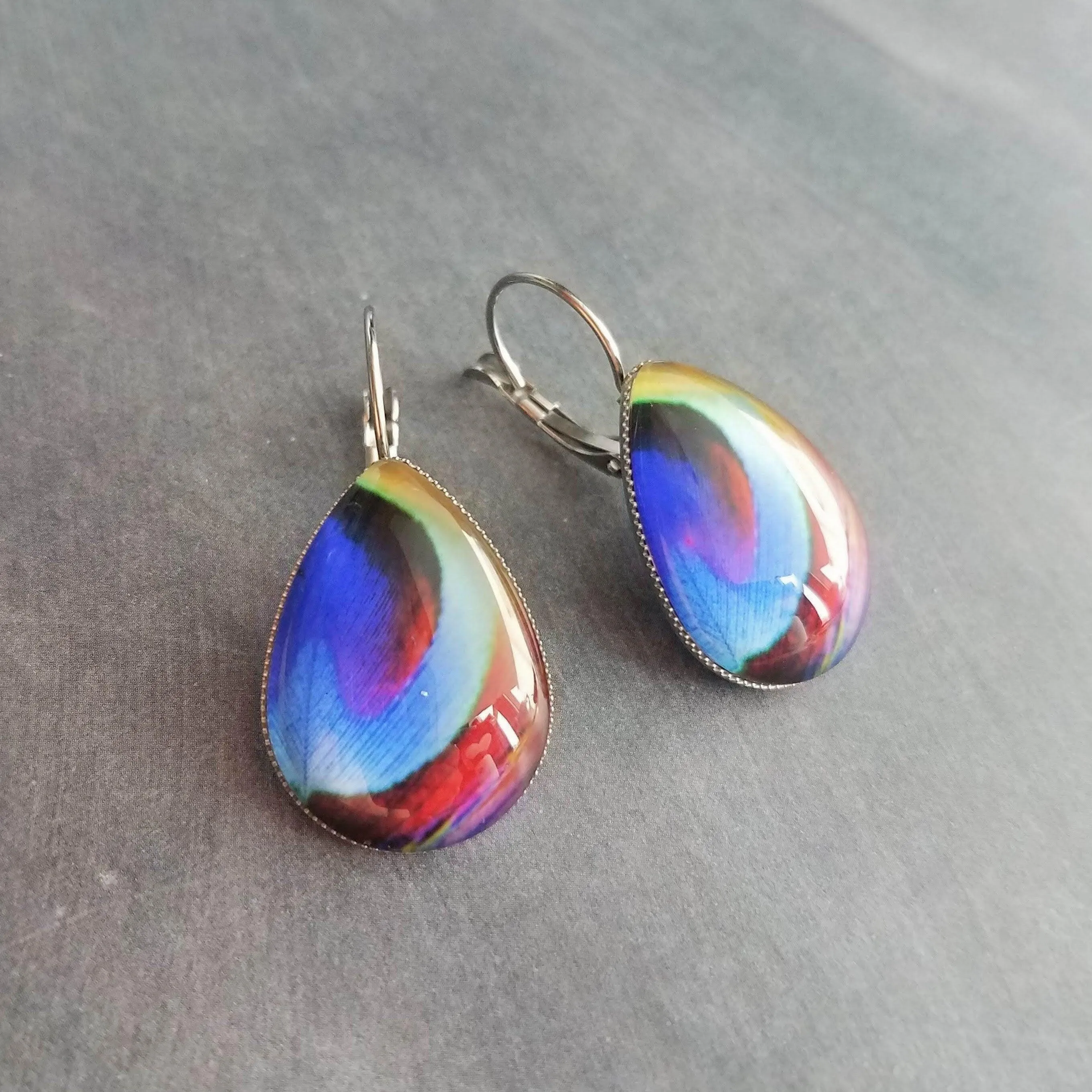 Peacock Earrings, feather earrings, stainless steel earring, bright color feather lever back earring hypoallergenic silver tear drop earring
