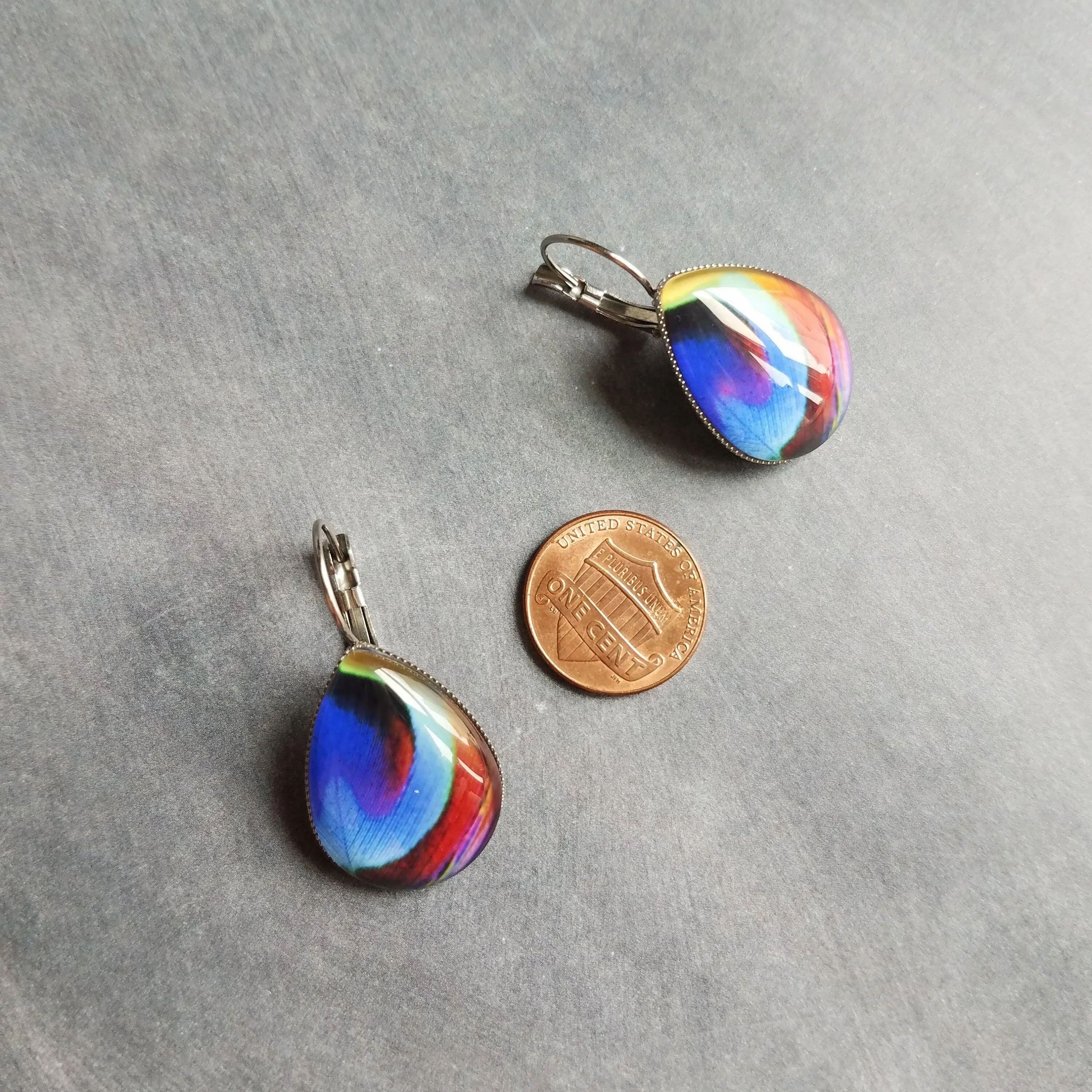 Peacock Earrings, feather earrings, stainless steel earring, bright color feather lever back earring hypoallergenic silver tear drop earring