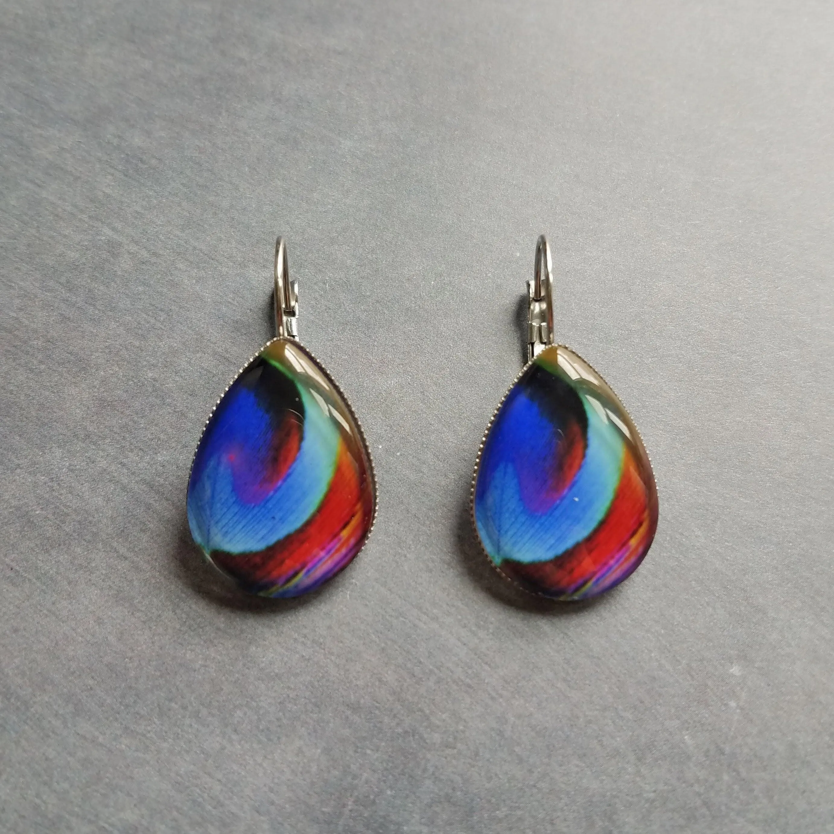 Peacock Earrings, feather earrings, stainless steel earring, bright color feather lever back earring hypoallergenic silver tear drop earring