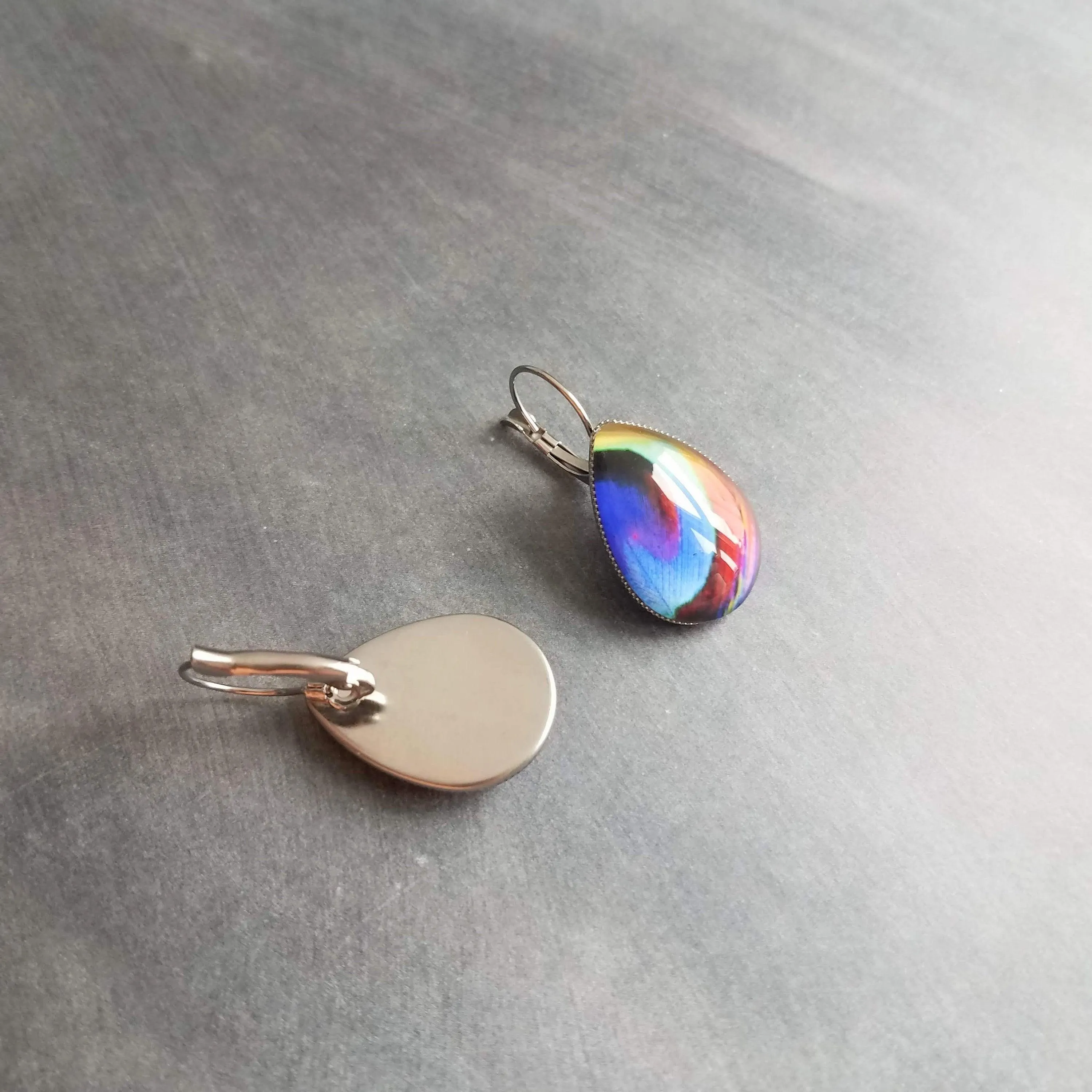 Peacock Earrings, feather earrings, stainless steel earring, bright color feather lever back earring hypoallergenic silver tear drop earring