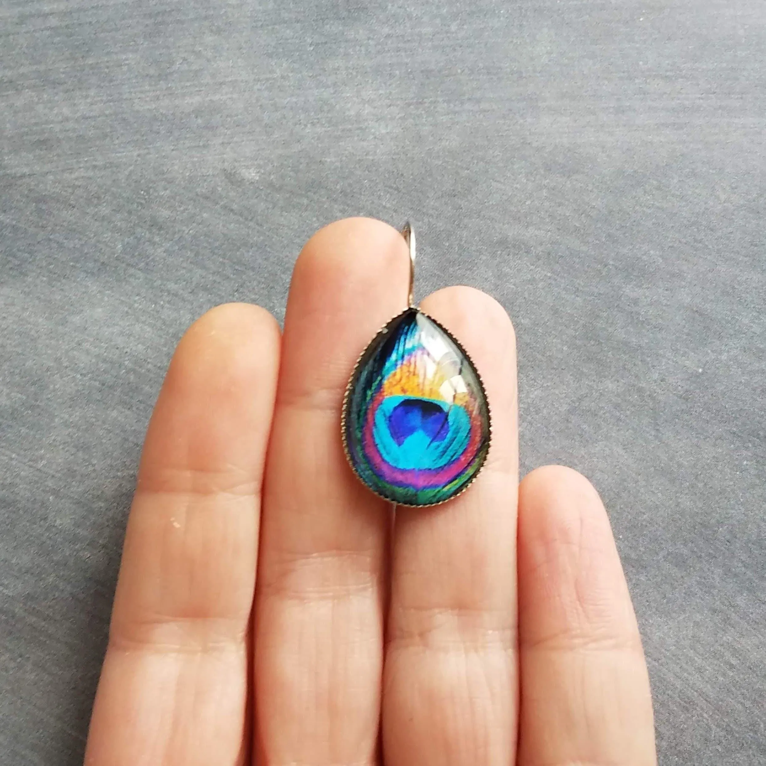 Peacock Earrings, feather earrings, stainless steel earring, bright color feather lever back earring hypoallergenic silver tear drop earring