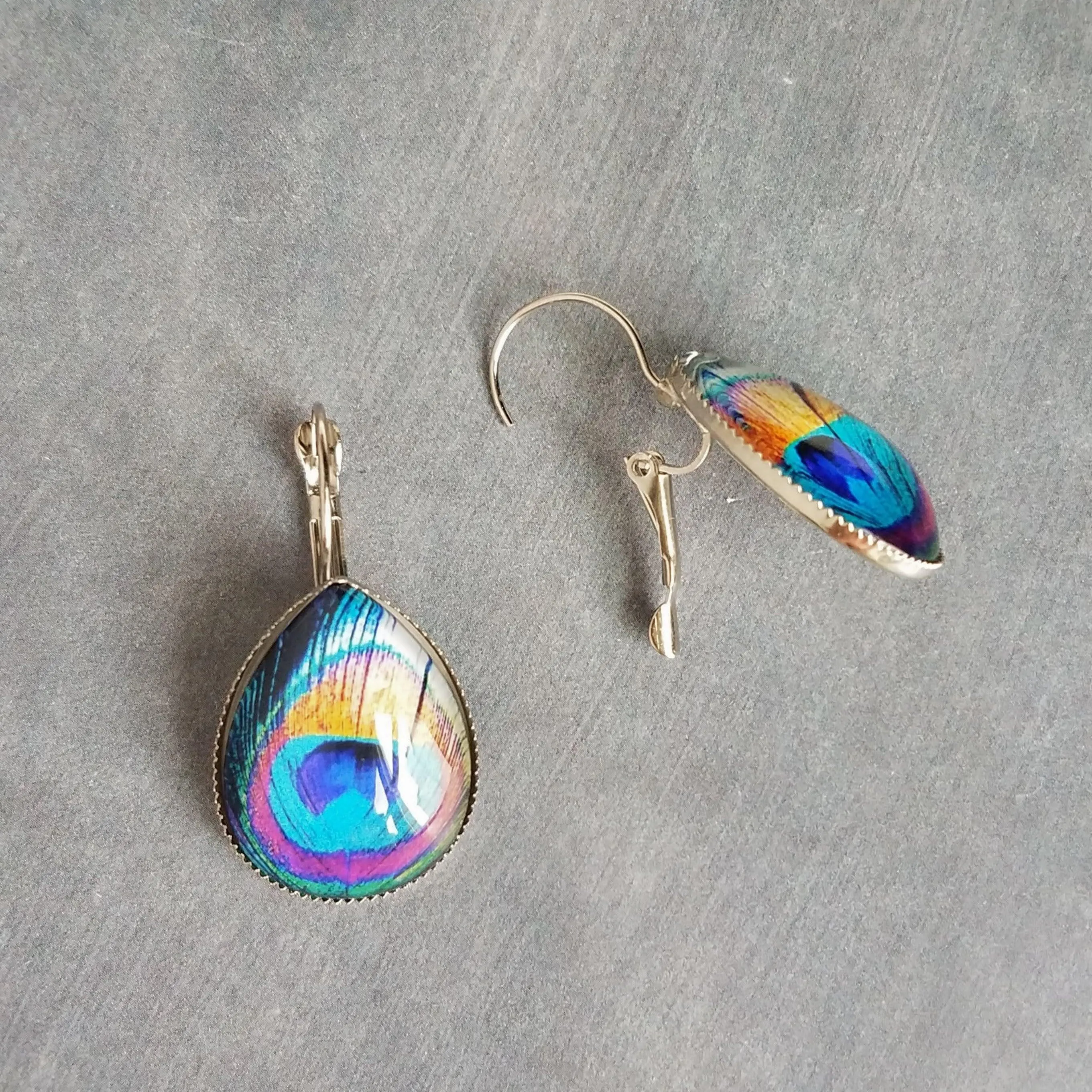 Peacock Earrings, feather earrings, stainless steel earring, bright color feather lever back earring hypoallergenic silver tear drop earring