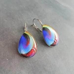Peacock Earrings, feather earrings, stainless steel earring, bright color feather lever back earring hypoallergenic silver tear drop earring