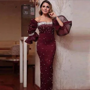 peals evening dresses formal wear burgundy beaded mermaid modest elegant evening gown 2021