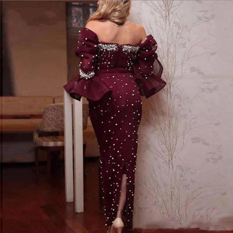 peals evening dresses formal wear burgundy beaded mermaid modest elegant evening gown 2021