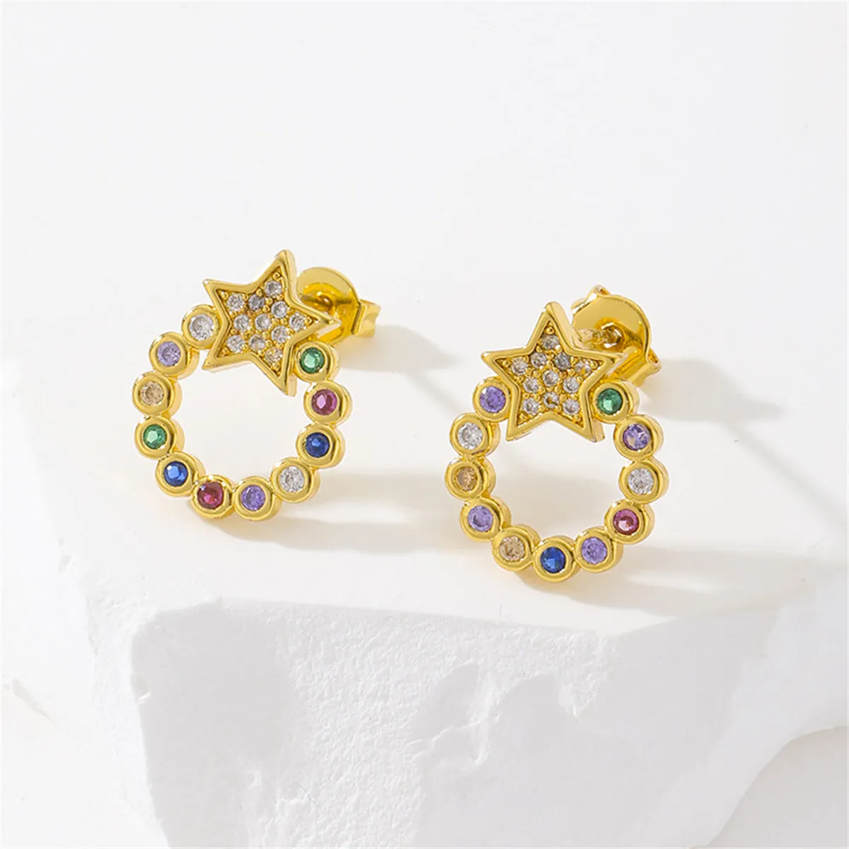 Pink Cubic Zirconia & 18K Gold-Plated Circle Star Stud Earrings
