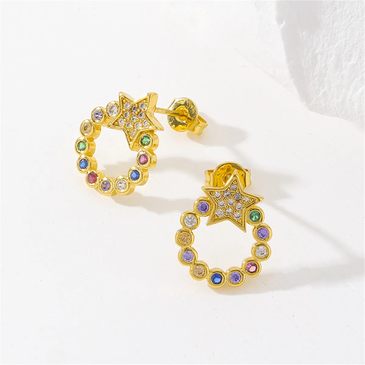 Pink Cubic Zirconia & 18K Gold-Plated Circle Star Stud Earrings