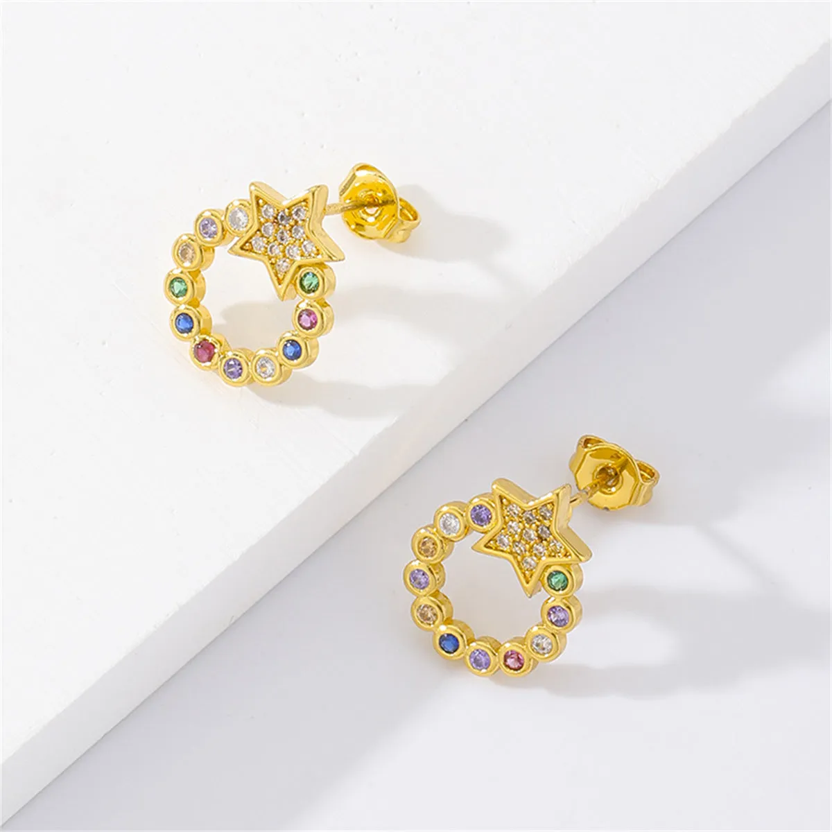 Pink Cubic Zirconia & 18K Gold-Plated Circle Star Stud Earrings