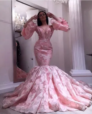pink evening dresses long luxury embroidery appliqué mermaid flare sleeve elegant evening gown for women