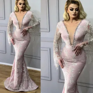pink evening dresses long mermaid tassel beaded luxury deep v neck evening gown formal party dress