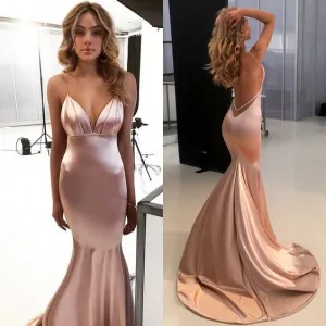 pink evening dresses long v neck mermaid backless satin sexy formal dresses vestido de longo 2021