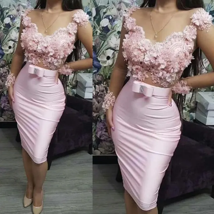 pink evening dresses short 2020 lace appliqué beaded mermaid cheap evening gown vestido de festa de curto