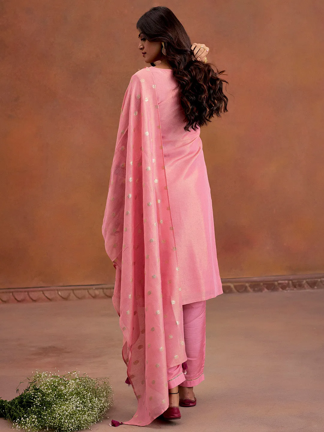 Pink Festive Zardozi Work Kurta Set With Dupatta