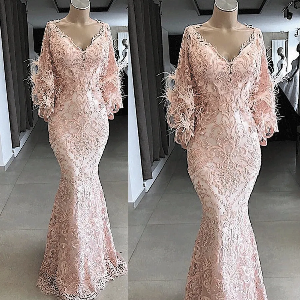 pink lace appliqué evening dresses long 2020 beaded feather elegant mermaid evening gowns robe de soiree