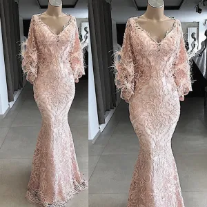 pink lace appliqué evening dresses long 2020 beaded feather elegant mermaid evening gowns robe de soiree