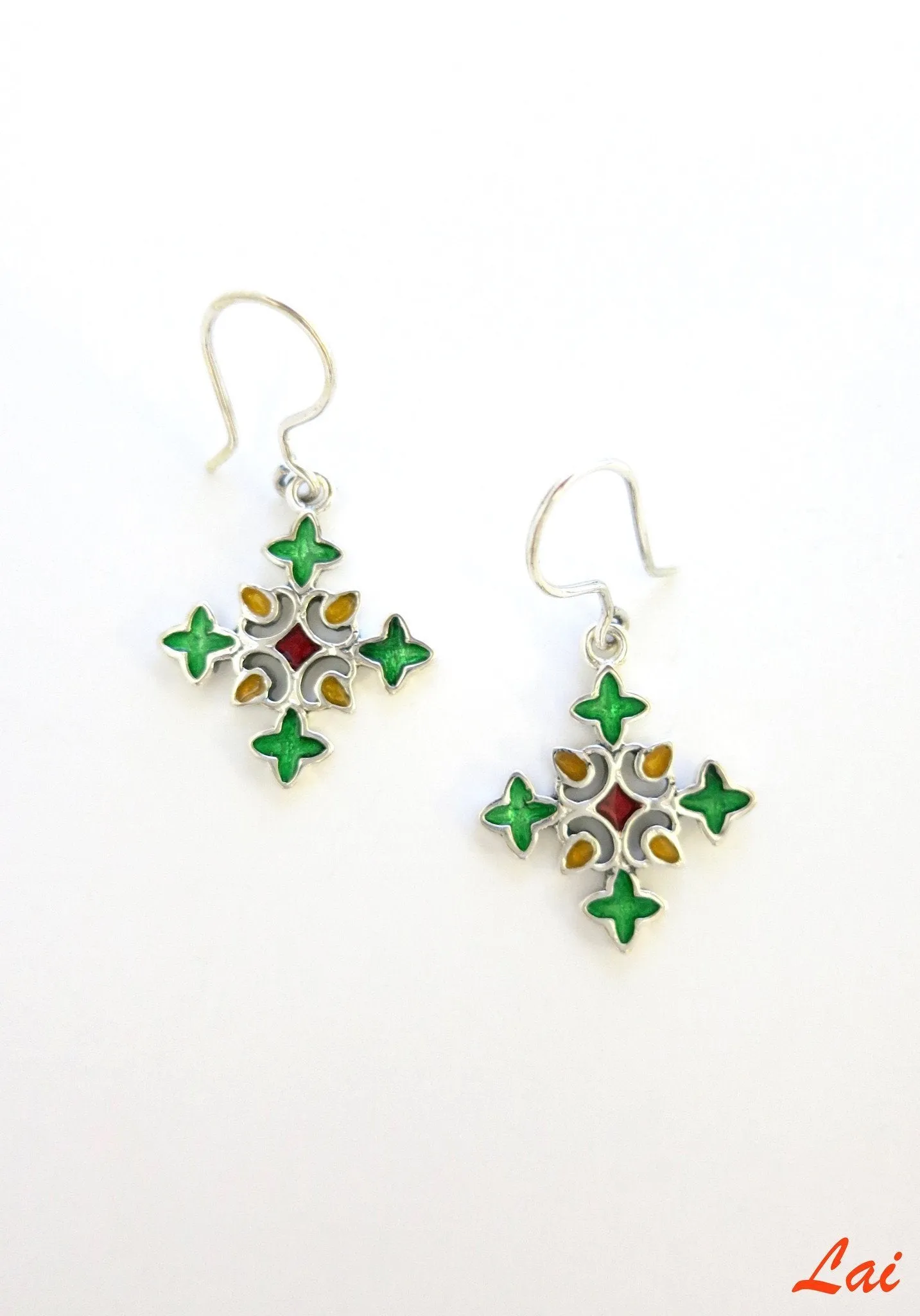 Playful, rangoli-inspired, cross motif enamel earrings